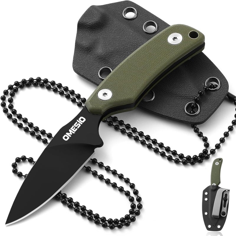 Omesio Compact Neck Knife with Sheath and Necklace, D2 Steel 2.99-Inch Blade, Full Tang G10 Handle, Fixed Blade for EDC, Hiking, Camping (Black Blade + Green Handle) - Image 1
